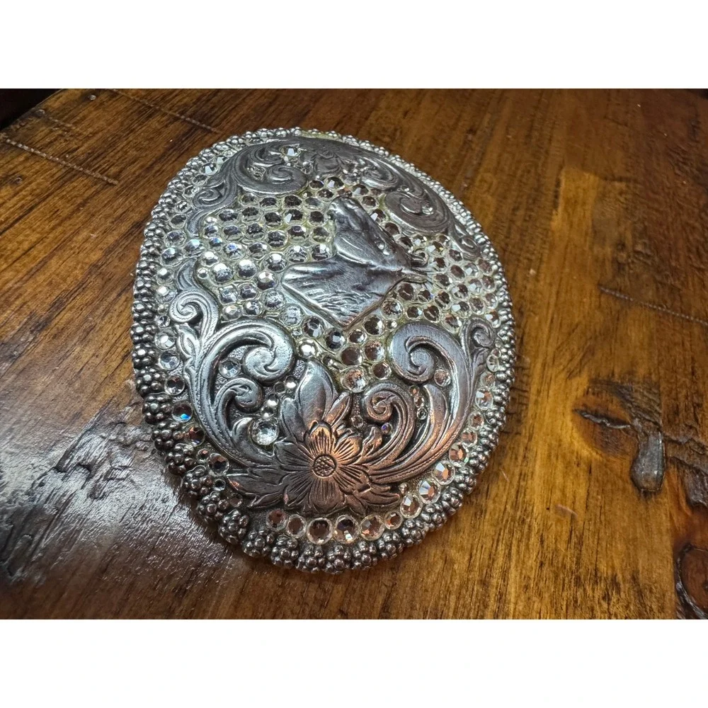 Nocona Silver Horse Head Rhinestone Western‎ Floral Scroll Oval Belt Buckle